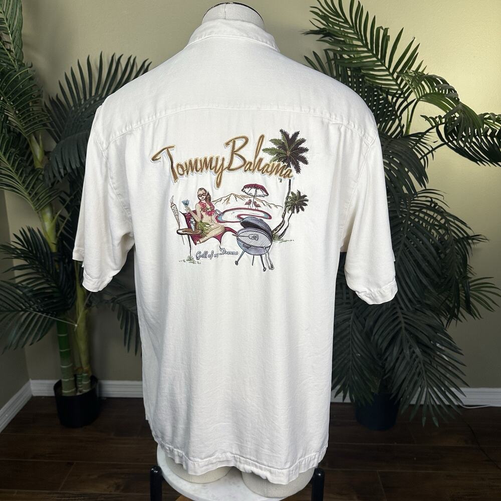 Tommy Bahama Men XL Silk Embroidered "Grill of my dreams" Cream lightweight - Picture 6 of 14